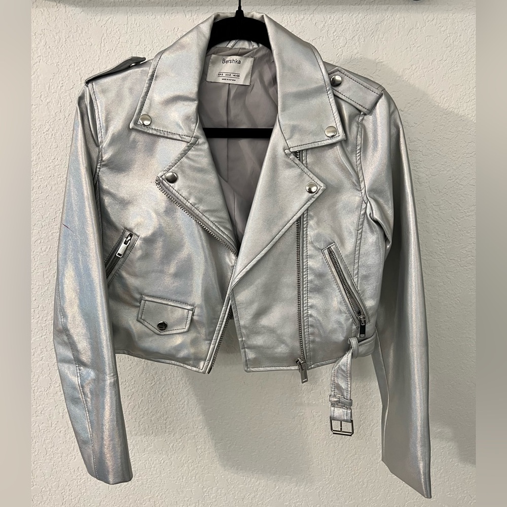 Silver biker cropped jacket